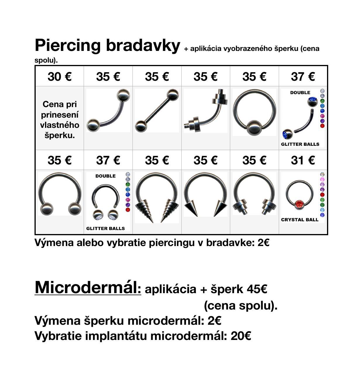 Cenník - Piercing bradavky