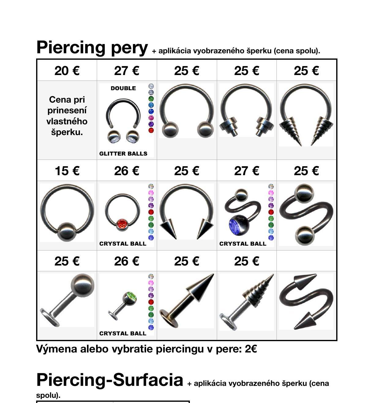 Cenník - Piercing pery