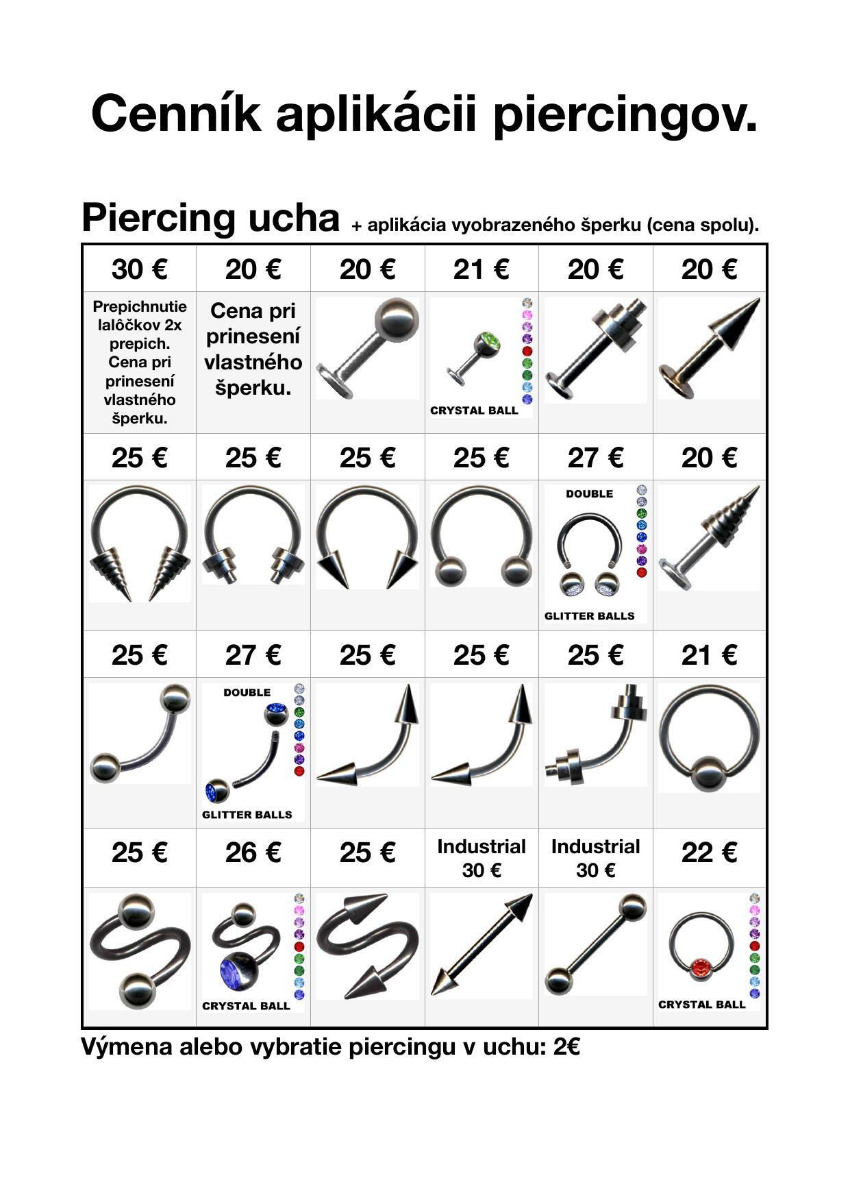 Cenník - Piercing ucha